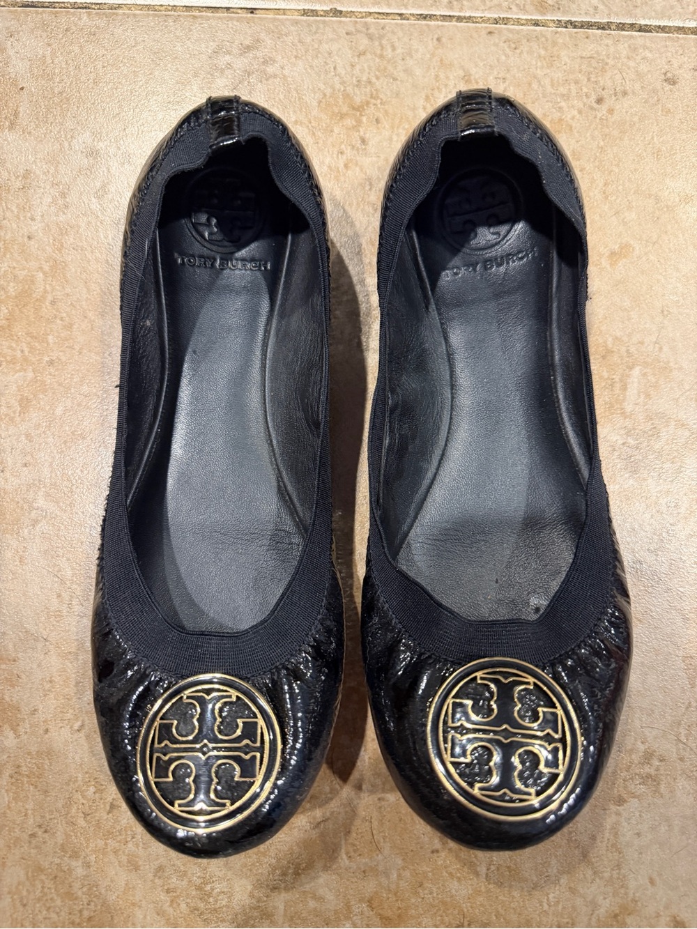 Tory Burch Black Patent Leather Logo Ballet Flats with Gold Medallions